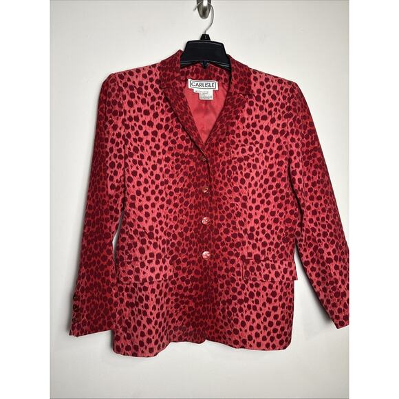 Vintage Carlisle Red Animal Print Blazer Size 12 Cotton Career Office Eclectic - Picture 1 of 6